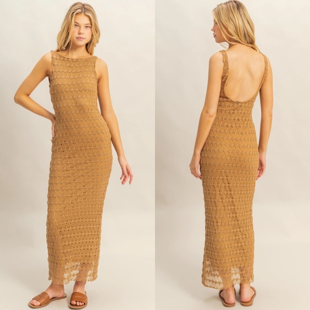 NEW HYFVE Crochet Open Back Maxi Dress Tan Sleeveless Beach Resort Size Small